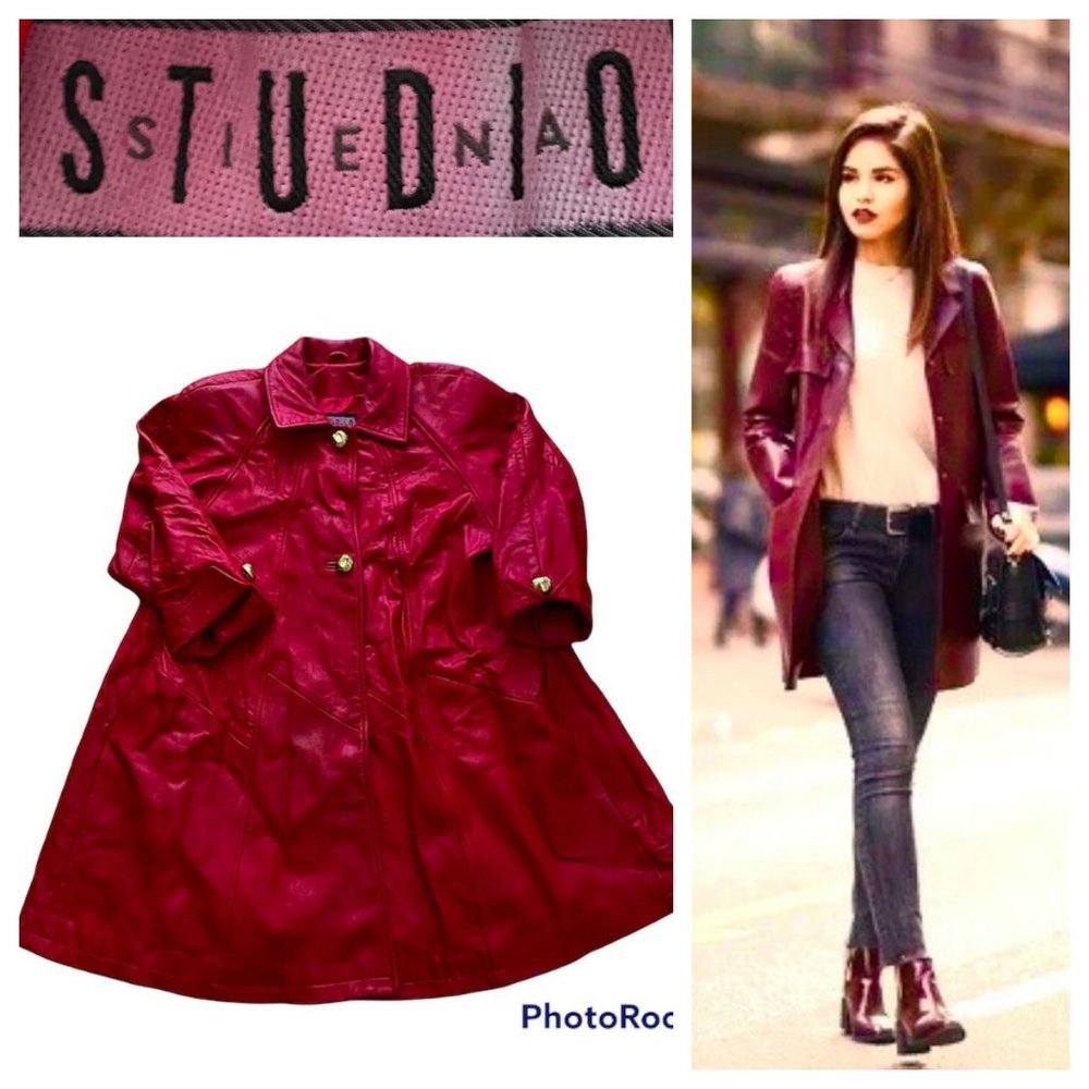 Vtg 90s Y2K Siena Studio Leather Jacket Coat Small Red Long Trench USA Made
